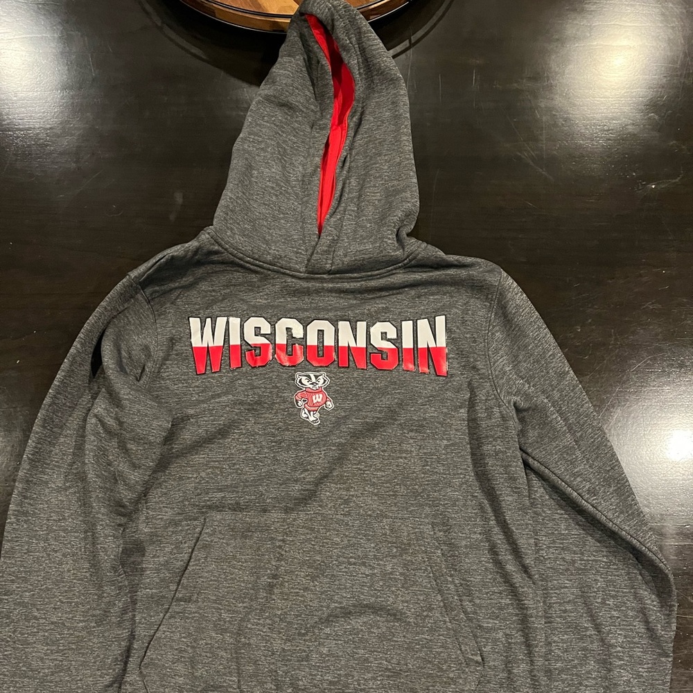 Boys Large Campus Heritage Wisconsin Hooded Sweatshirt, Gray.